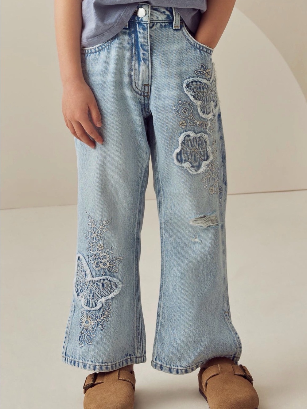 next Light Blue Embroidered Wide-Leg Kids Jeans